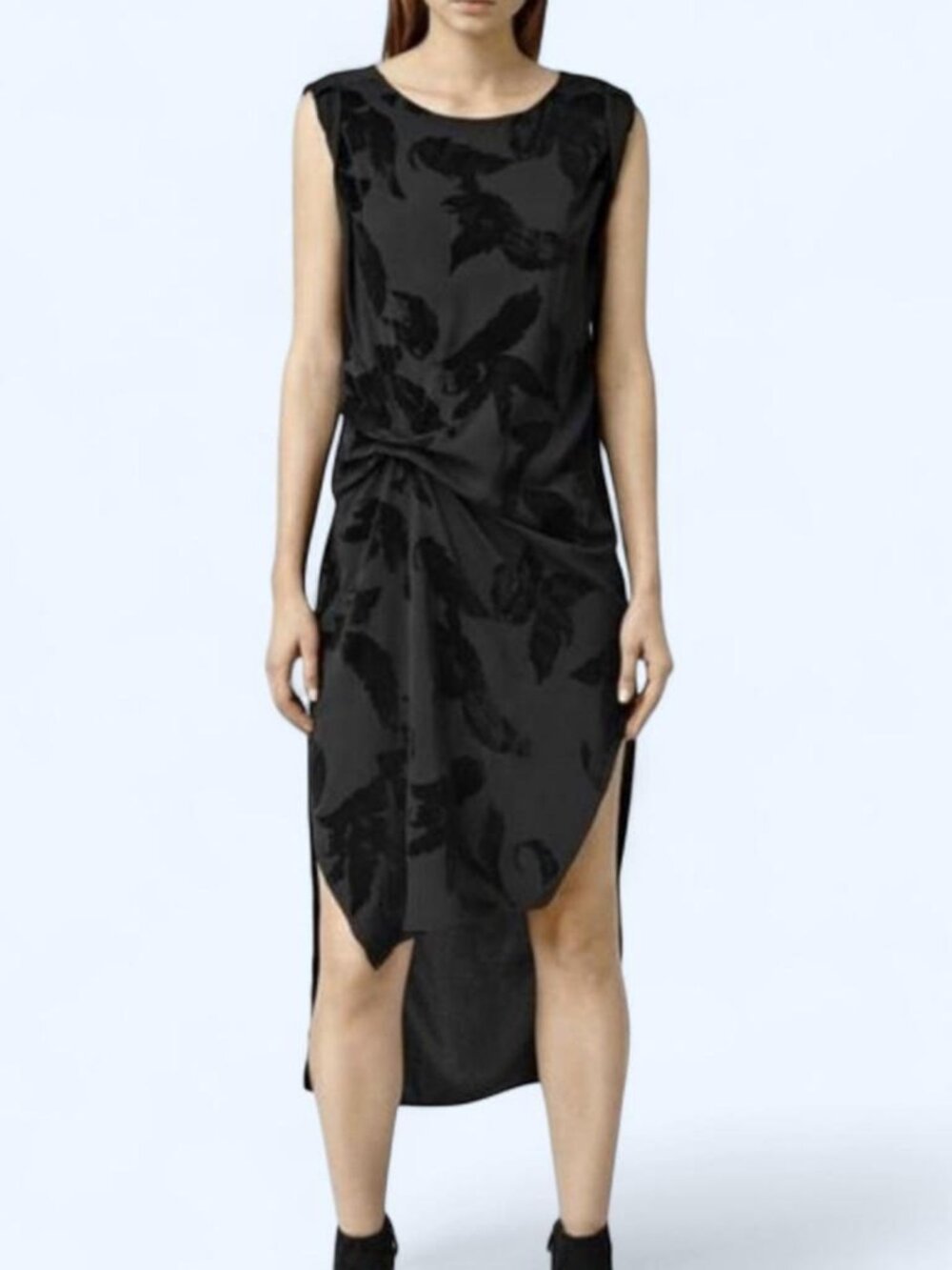 ALLSAINTS x Riviera Lux Black ruched dress with velvet floral print size xs / 0